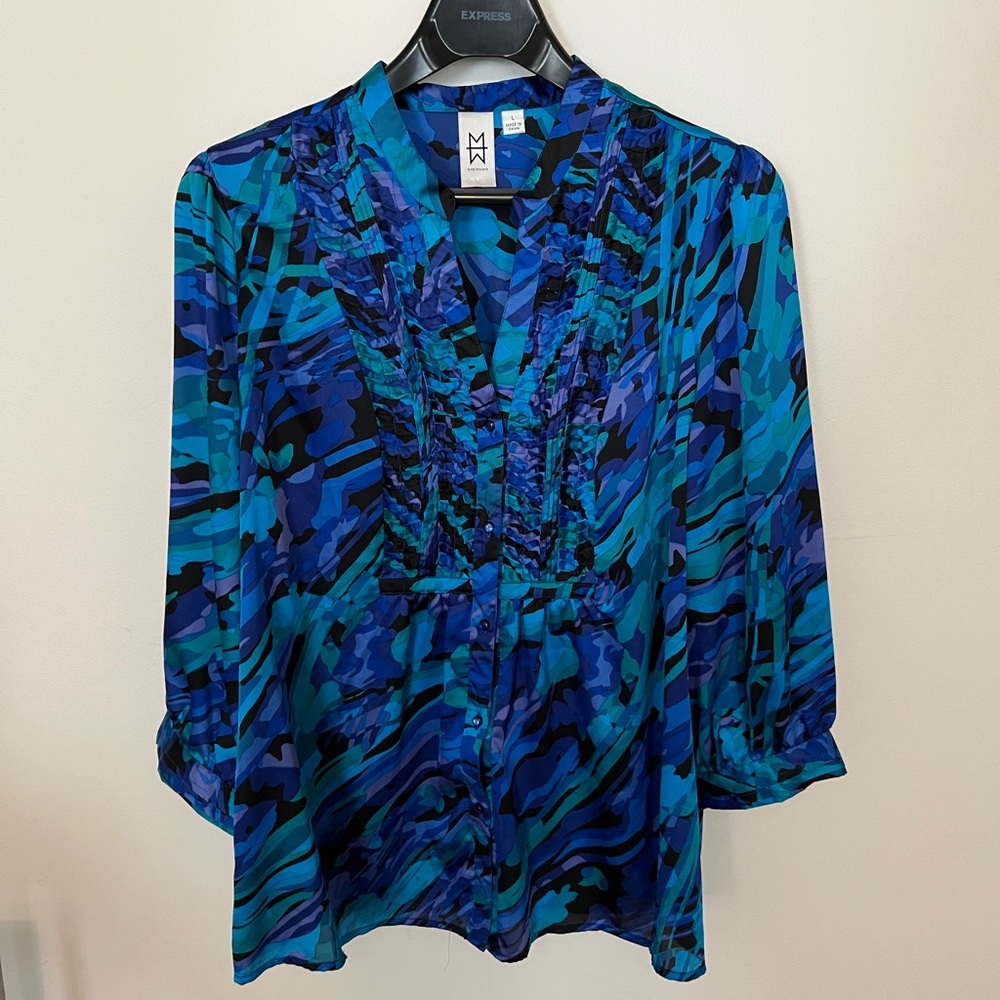 Marc Bouwer Satin Ruffled Patterned Button Down Blouse
